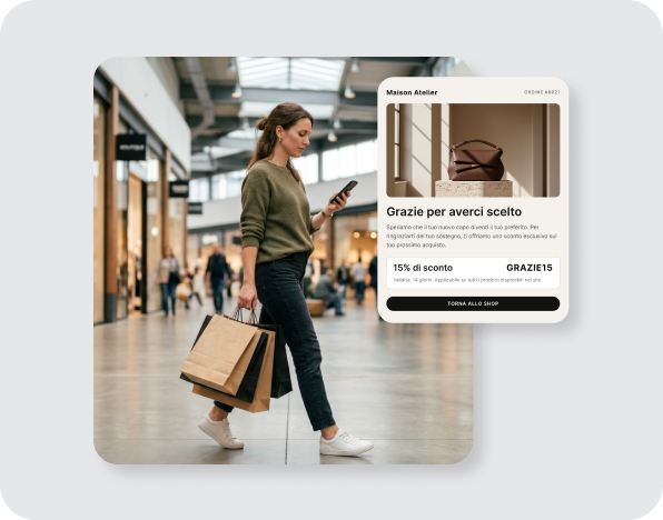 Email post-acquisto con ringraziamento e codice sconto